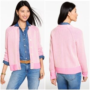 Talbots Shaker Stitch Crewneck Cardigan Sweater Women’s XL Petite Pink Preppy